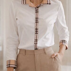 Designer Inspired Checkered Pattern Women's Button Down White Shirt British Sz M